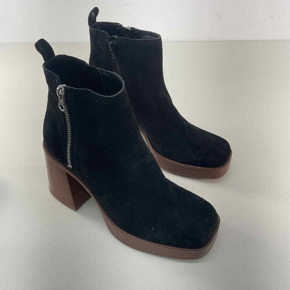 Black Suede Ankle Boots with Chunky Wooden Heel - Picture 1 of 6